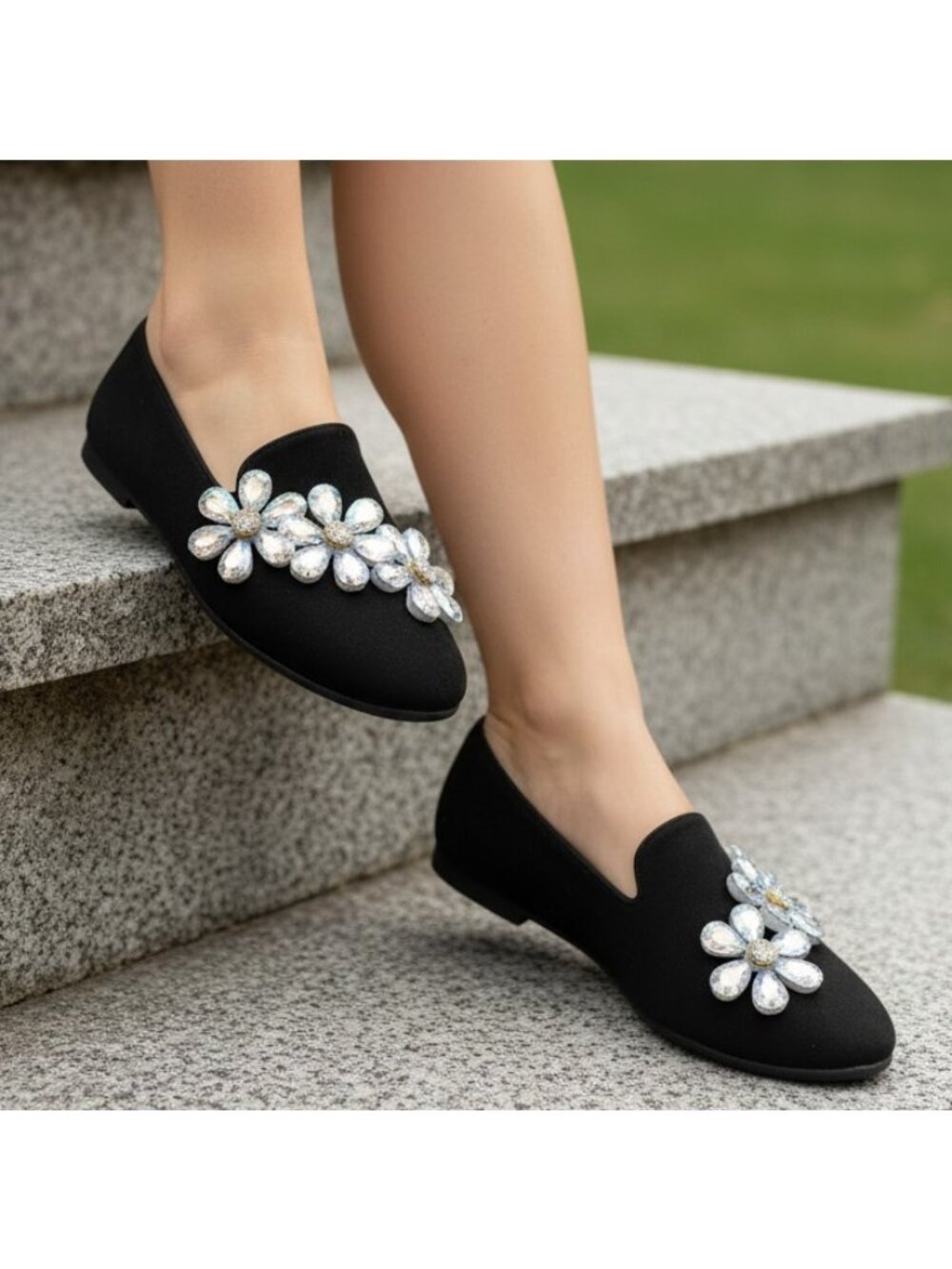 Jeweled Floral Sparkling Rhinestone Point Toe Ballet Flat Statement Slip-On Shoe